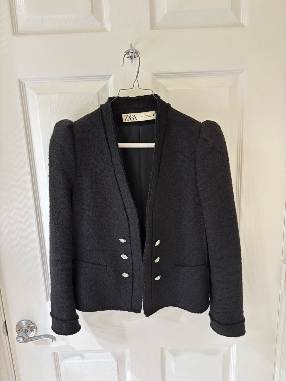 Zara Black Bouclé Puff-Shoulder Blazer with Decorative Buttons